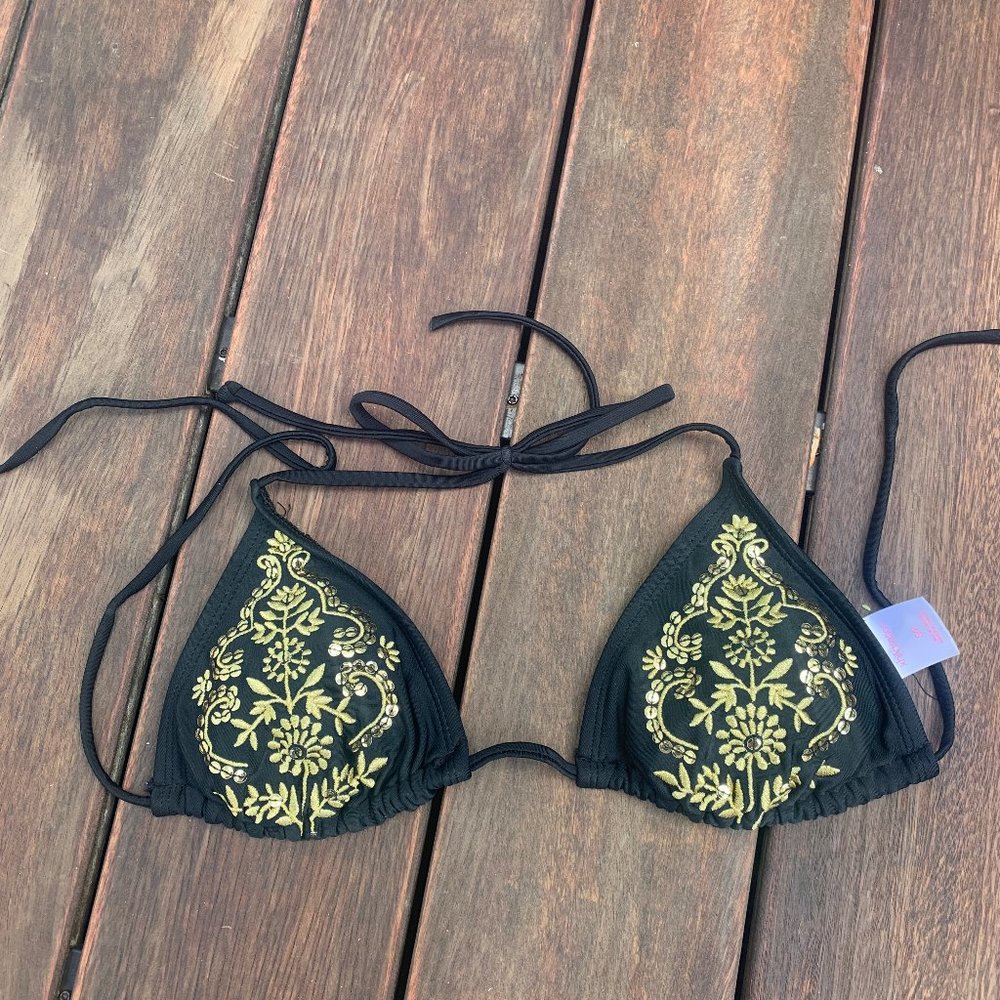 Black and Gold Triangle String Bikini Top